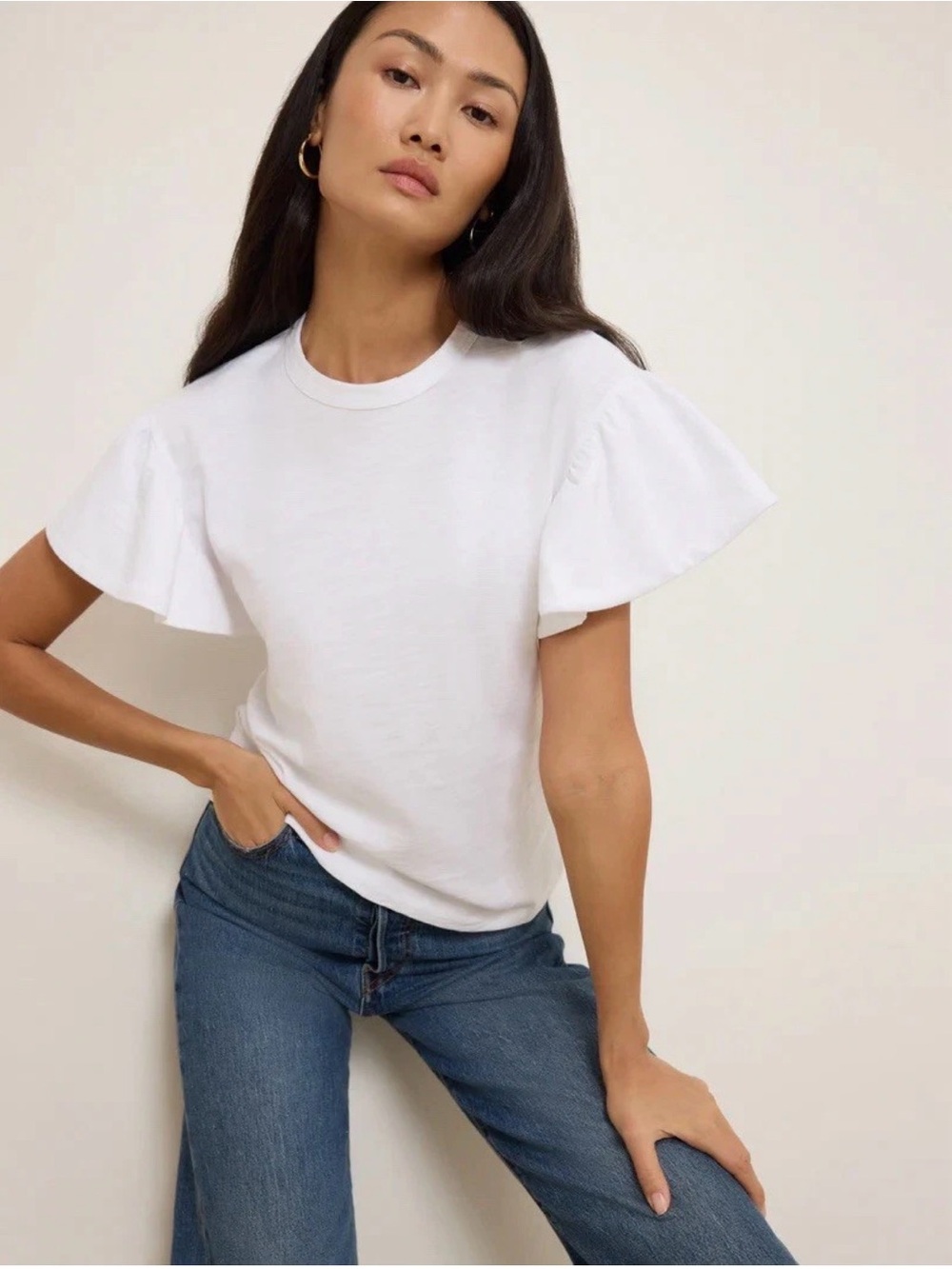 Nation LTD Camille Ruffle Tee White S NWT Puff Sleeve Cotton Top Minimal Chic
